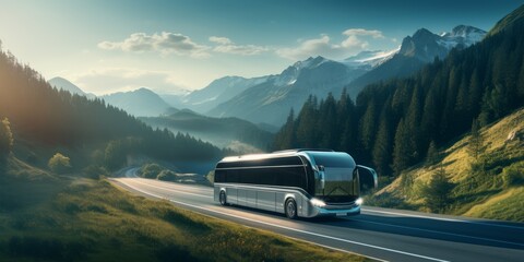 An intercity large and spacious bus travels along the highway.