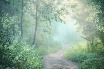 Fototapeta premium Misty Forest Path with Soft Light and Green Trees in Summer