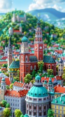 Obraz premium Vienna's charm shines in a cute isometric 3D depiction, highlighting its iconic spots on a salmon backdrop