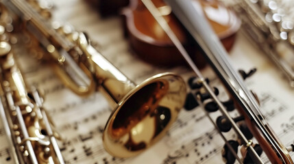 Various musical instruments lie on sheet music of a symphony