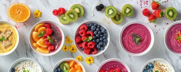 Various smoothie bowls with vibrant fruits and colorful toppings arranged on a white backgrou