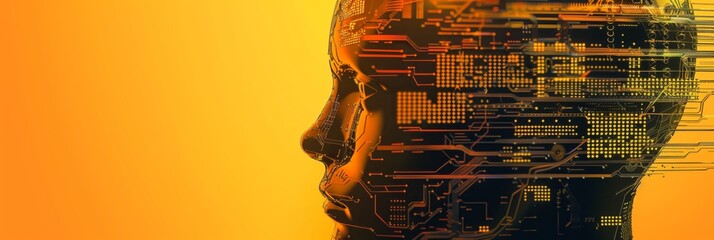 Abstract human head connected to the digital network of artificial intelligence and communication