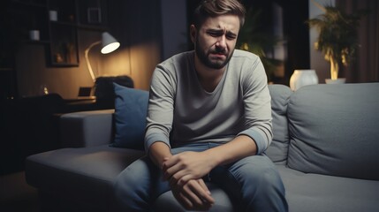 Fototapeta premium Man sitting on a couch looking sad and worried in a dimly lit living room. Concept of loneliness, emotional stress, and contemplation.