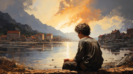 A young boy is sitting on a stone wall in a small town. He is wearing a white shirt and brown shorts. The boy has short brown hair and brown eyes. He is looking at the camera. There are buildings and  - Powered by Adobe