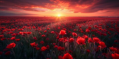 Breathtaking landscape of a poppy field at sunset with the sun dipping low on the horizon, casting a warm glow over the vibrant red flowers - Powered by Adobe