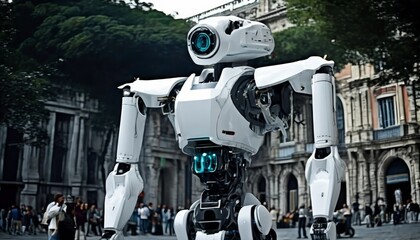 A cutting-edge white robot stands imposingly on a busy city street, surrounded by curious pedestrians, showcasing the blend of technology and urban life.. AI Generation