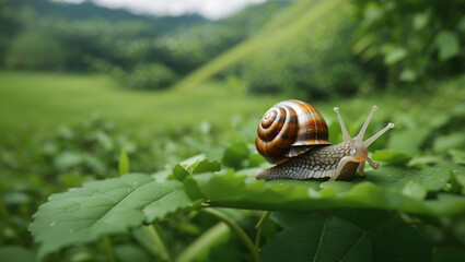 A snail with a shiny brown shell is sitting on a green leaf.

 - Powered by Adobe