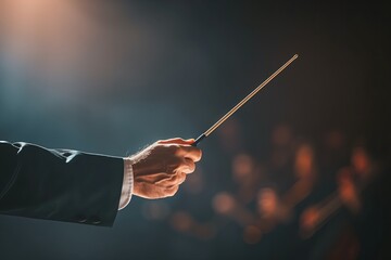 An orchestra conductor's hand holding the baton. Musical performance. Theater. Concert hall. Musicians. Command. Audience. Choir