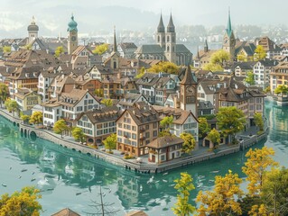 Naklejka premium Adorable 3D Zurich render highlights famous landmarks, city vibe, centered on beige backdrop