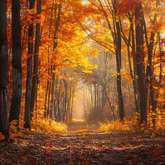 Fototapeta premium Autumn's Path: A Vivid Forest Trail in the Fall Season