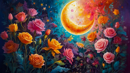 A painting of roses with the moon in the background
