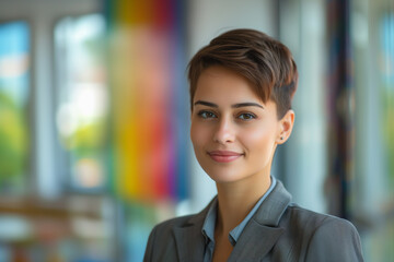 Fototapeta premium Short-haired LGBTQ businesswoma, strong leadership qualities, wearing a business suit, leading a meeting to support LGBTQ in the organization for Pride Month
