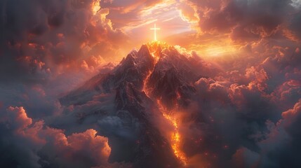 Fototapeta premium A cross is standing on the mountain with Jesus's arms raised high .