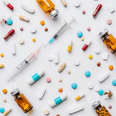 Medical supplies including pills, syringe, and bottles on white background