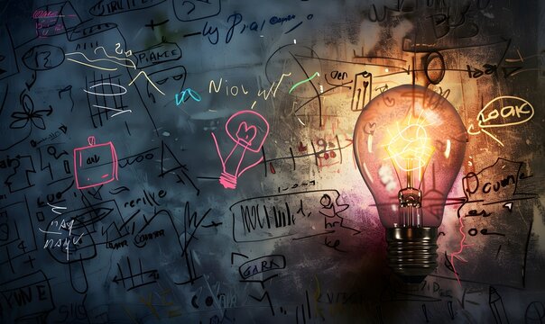 Light Bulb with Colorful Glow and Sketch Illustrations on Concrete Wall - Powered by Adobe