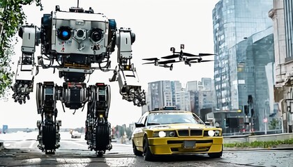Naklejka premium A heavily equipped robot monitors traffic and drones in a bustling urban environment, showcasing cutting-edge surveillance technology.. AI Generation