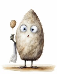 Whimsical cartoon character resembling an egg with wide eyes, holding a spoon and towel, against a white background.