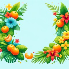 A vibrant and colorful border illustration with clementines, lush green leaves and tropical flowers