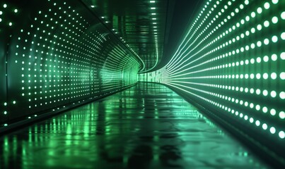 illustration of abstract background of dark tunnel with glowing green lights in rows