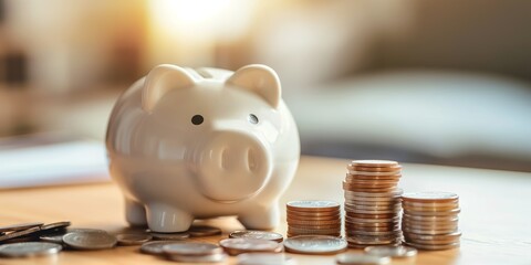A white piggy bank is placed on a wooden surface with neatly arranged stacks of coins around it, bathed in soft natural sunlight, representing financial planning and savings.