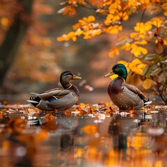 Autumnal Serenity: A Duckling and its Parent in a Leaf-Littered Pond