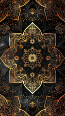 A detailed golden floral mandala with intricate patterns on a navy backdrop. Generate AI