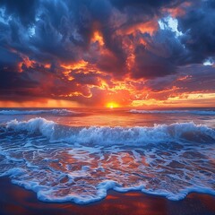 Vibrant Sunset over a Stormy Ocean