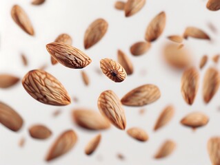 Flying delicious almonds on a white background