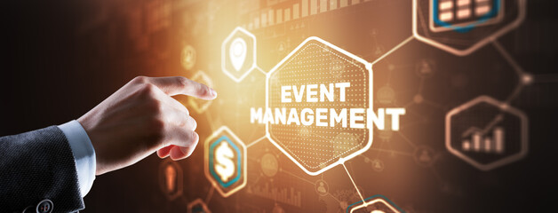 Businessman pressing on virtual screen and selecting Event Management