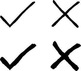 Cross and check mark icons. Tick and cross signs. Simple marks graphic design. Black, with and without shadow.