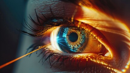 Eyesight Verification: Blue Eye Close-Up with Laser Rays for Vision Check and Treatment