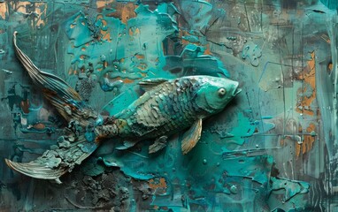 Abstract fish on a textured turquoise background.