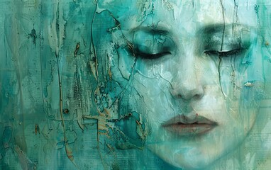 Abstract portrait of a woman with closed eyes, painted in shades of blue and green.  The background is textured and evokes a sense of depth and mystery.