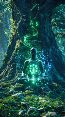 A meditating man silhouette, with luminous chakras, under a green tree