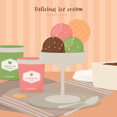 다양한 아이스크림이 놓여진 디저트