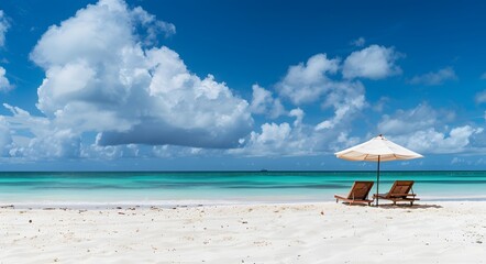 Tropical Beach with Sunbeds and Umbrella on White Sand