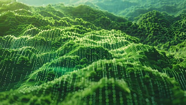 From a birds eye view a wave of green binary code washes over the landscape emphasizing the global reach and impact of DeFi.