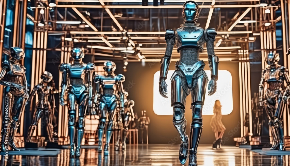 Poster multiple robots with blue and silver bodies walk through a futuristic hallway illuminated by dramati