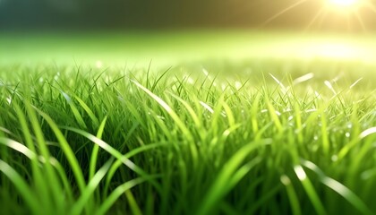 Beautiful natural background of young juicy green grass in bright summer spring morning sunlight.
