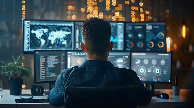person sitting in dark room in front of multiple computer screens displaying data and world map, conveying sense of focus and analysis