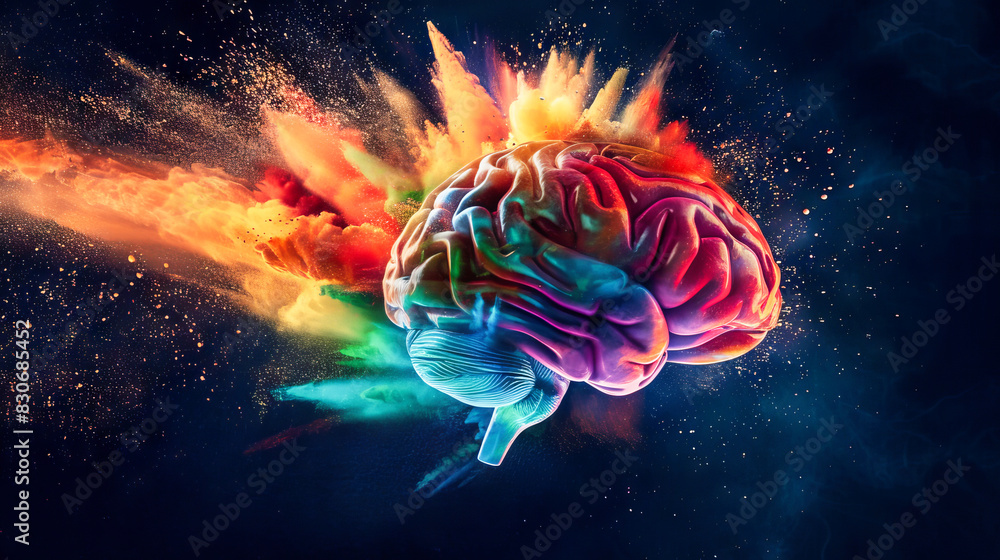Poster a colorful human brain with exploding color dust against a dark background. brilliant ideas concept.