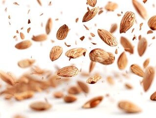 Flying delicious almonds on a white background
