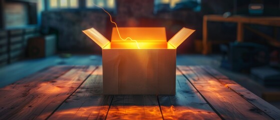 A mysterious glowing box emits light in a dark room, creating an atmosphere of intrigue and discovery. Perfect for themes of mystery and surprise.