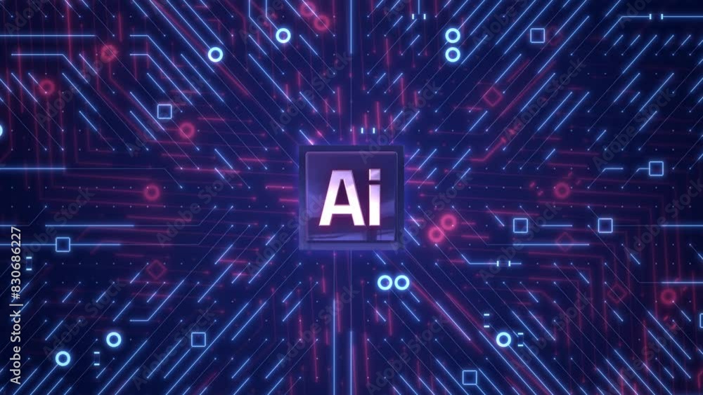 Poster 3d futuristic ai technology: glowing circuit chip with digital circuit lines