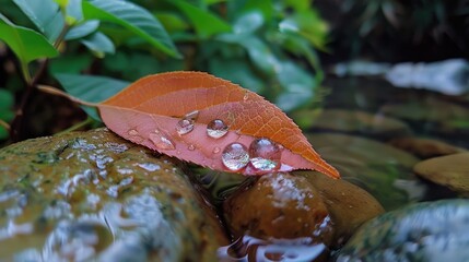 A fresh water droplet landed on a plant leaf following a rainfall