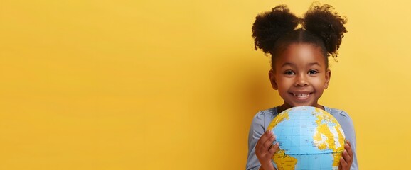 Black Girl Playing with Globe on Yellow Background