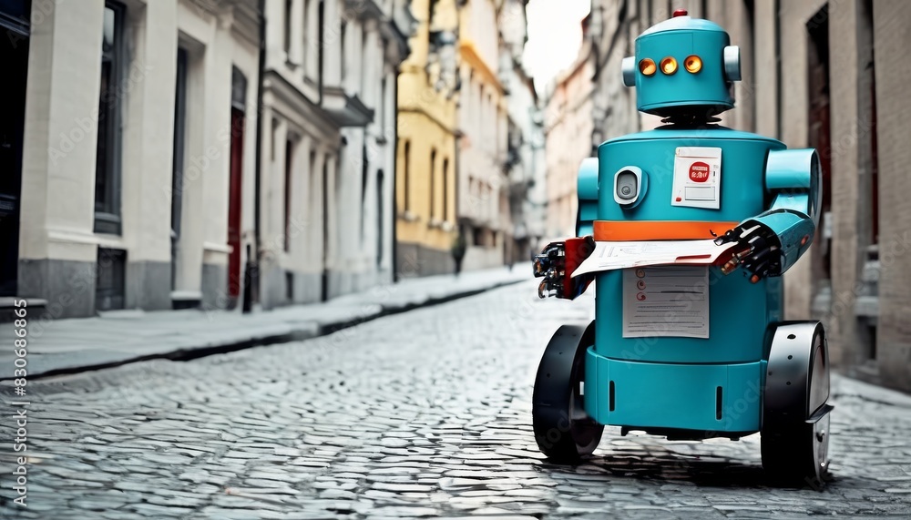 Poster a futuristic blue delivery robot carrying mail on an old cobblestone street lined with classical eur