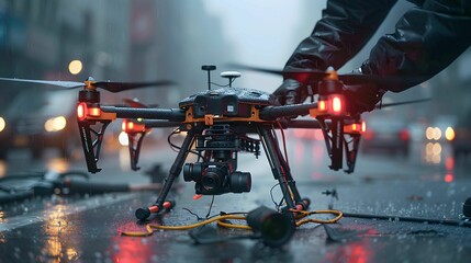 professional drone pilot operates drone in rain, showcasing advanced technology and skill. scene captures essence of aerial photography in challenging weather conditions