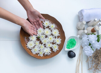 Spa massage compress balls, herbal ball on the wooden with treaments spa , Thailand
