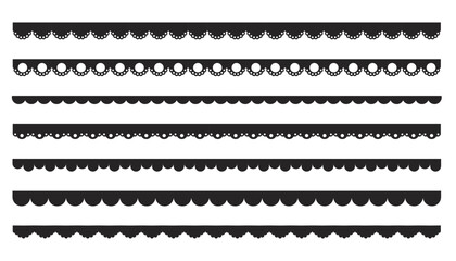 Scalloped edge border frilly stroke divider black silhouette stripe, tape collection isolated on white background. Traditional simple ornament with circles, embroidery ribbon.